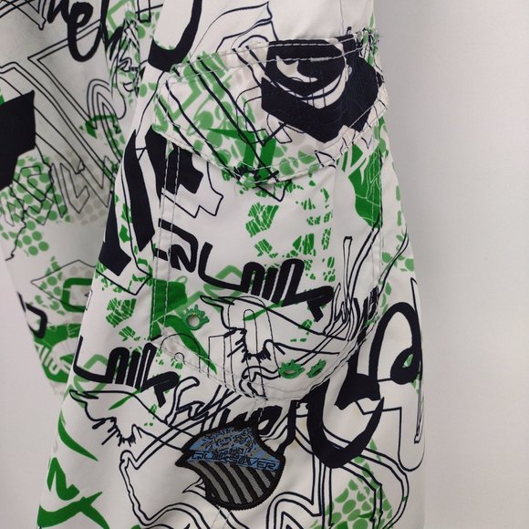 Quiksilver Cargo Side Pocket Logo Print Green Black & White Surf Board Shorts - Picture 3 of 10